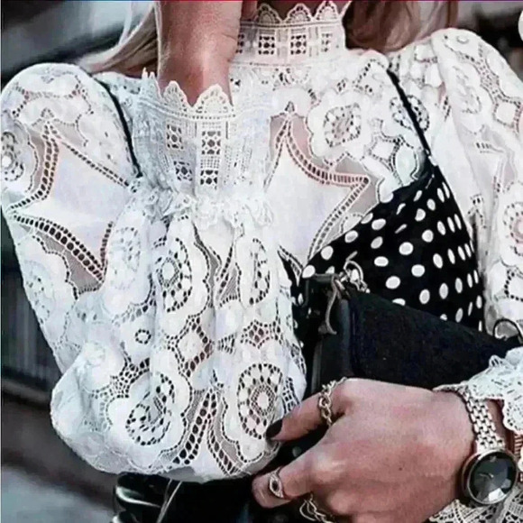 Restocking White Lace High Neck Long Sleeve Shirt - Picture 3 of 11